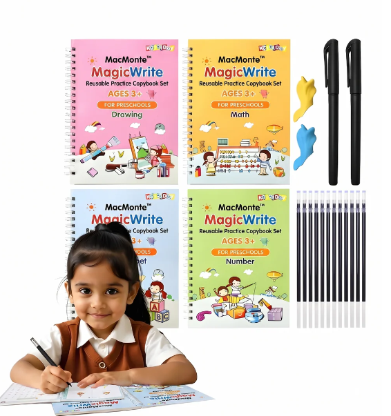 Magic Practice Copybook (4 Book)-FREE 10 Refill+ Pen + Grip
