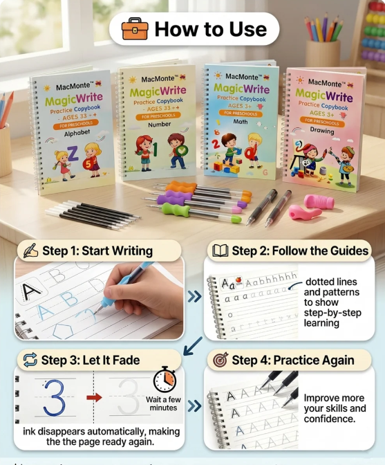 Magic Practice Copybook (4 Book)-FREE 10 Refill+ Pen + Grip